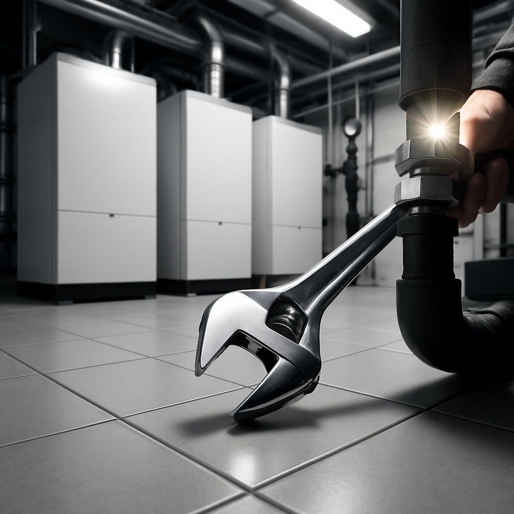 An indoor setting with a large metal wrench being used on a pipe suggesting maintenance or repairs are being conducted.