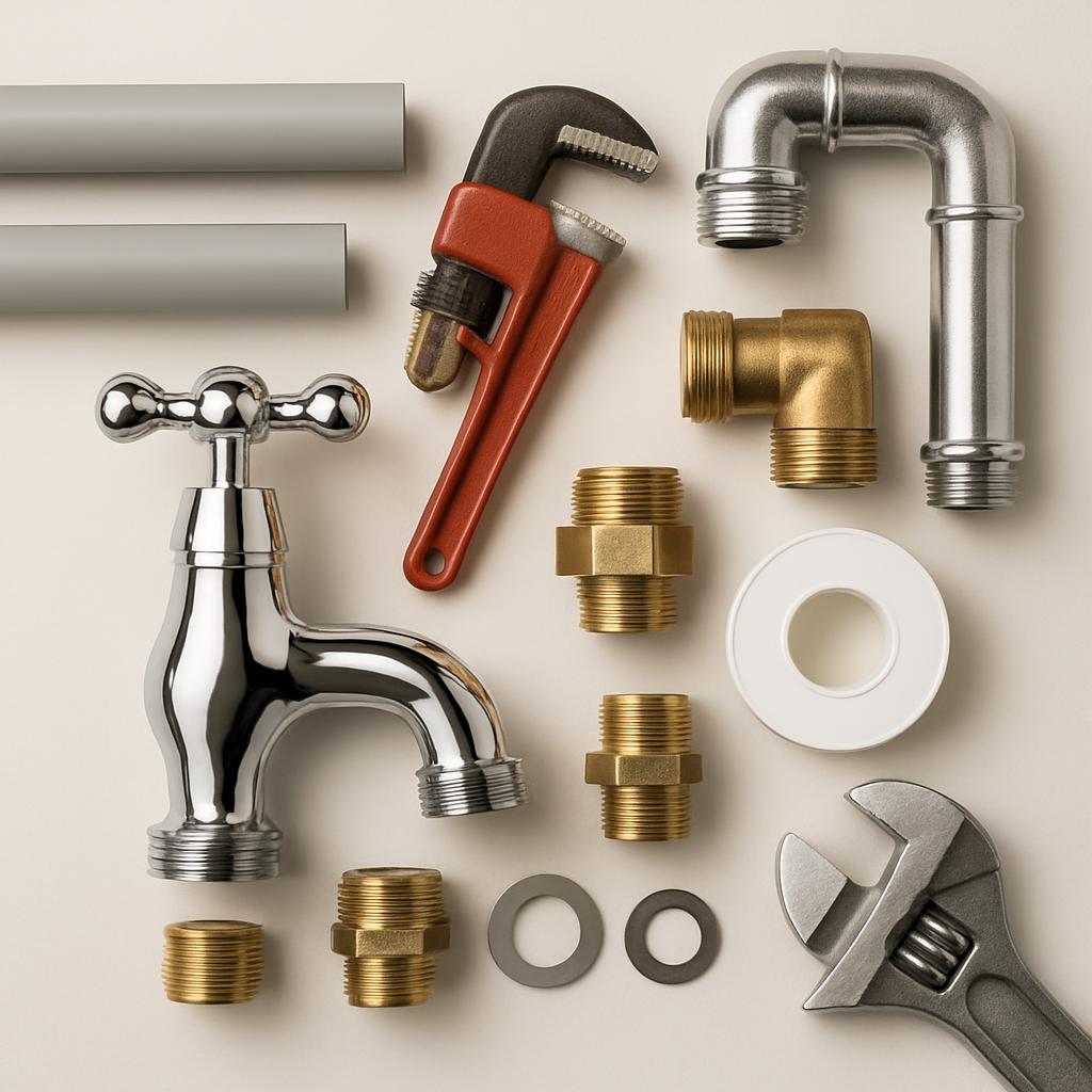 A collection of plumbing supplies including pipes, a faucet, a wrench and other fittings.