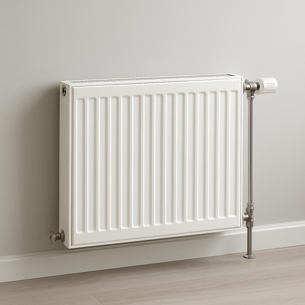 A white radiator attached to a wall by suction cups and positioned next to a radiator valve knob. Both are mounted to bi-f...